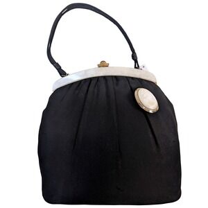 Vintage Black‎ Evening Bag Kiss Lock Cameo Brooch Pearlized Frame Handle